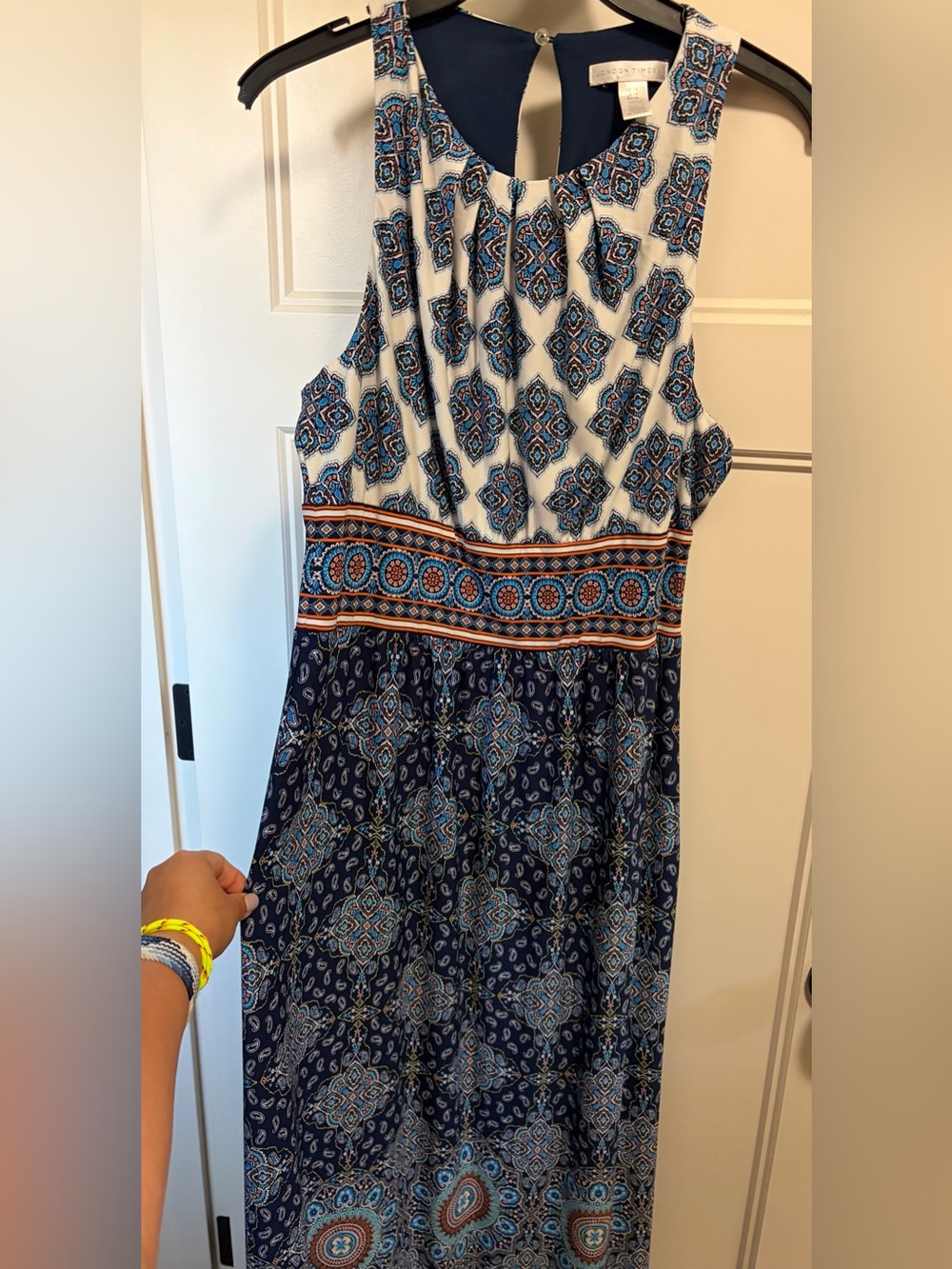 London Times Navy, White & Blue Printed Sleeveless Dress